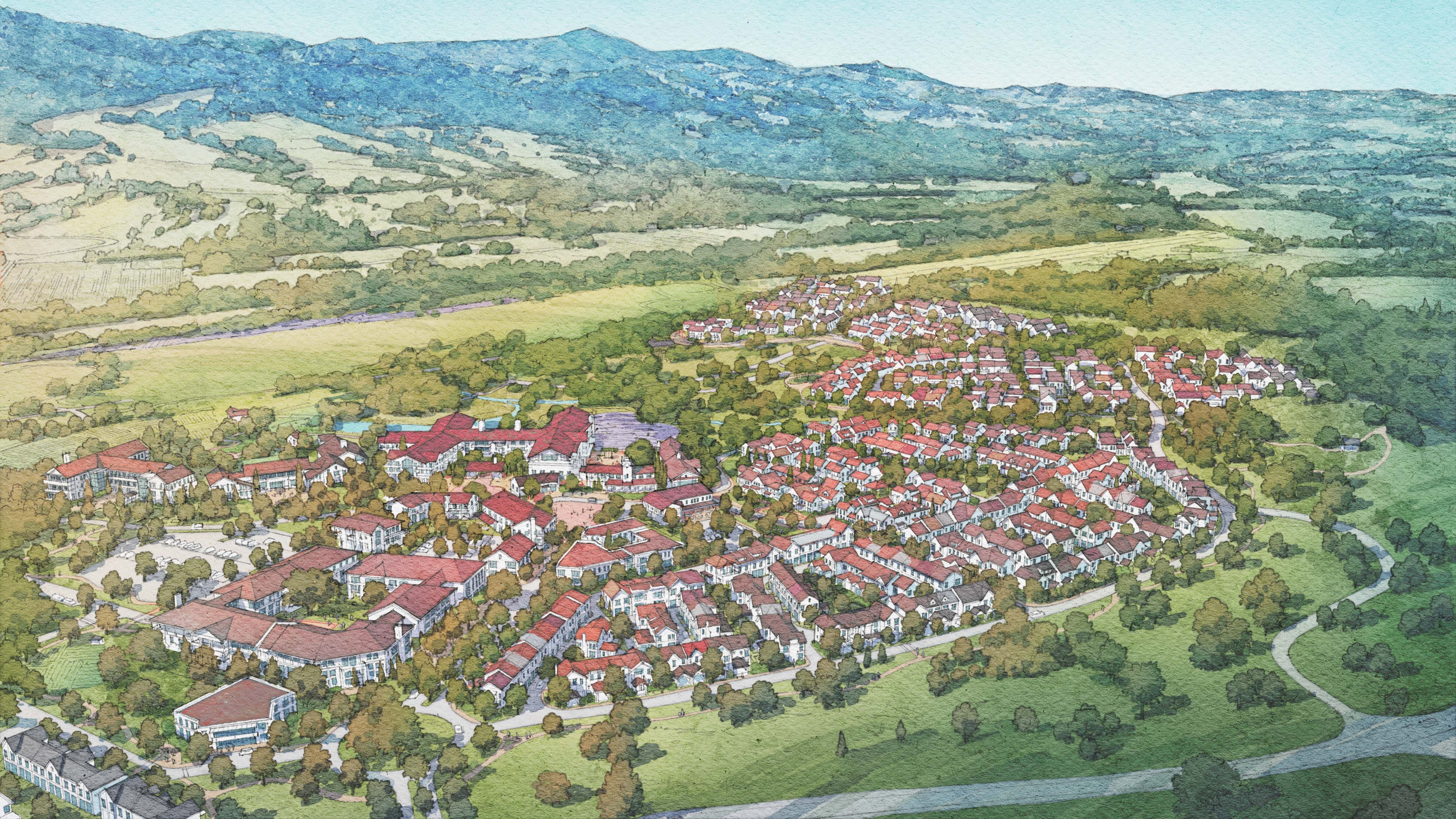 Aerial rendering of Esmeralda village